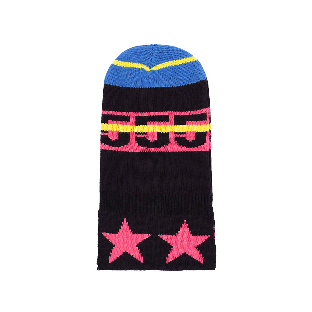Black SP5DER balaclava with blue top, yellow stripes, pink 555, and two pink stars.