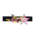 Black leather pony hair belt with a large rhinestone-outlined pink star buckle featuring a white "5" and scattered pink, yellow, and black stars.