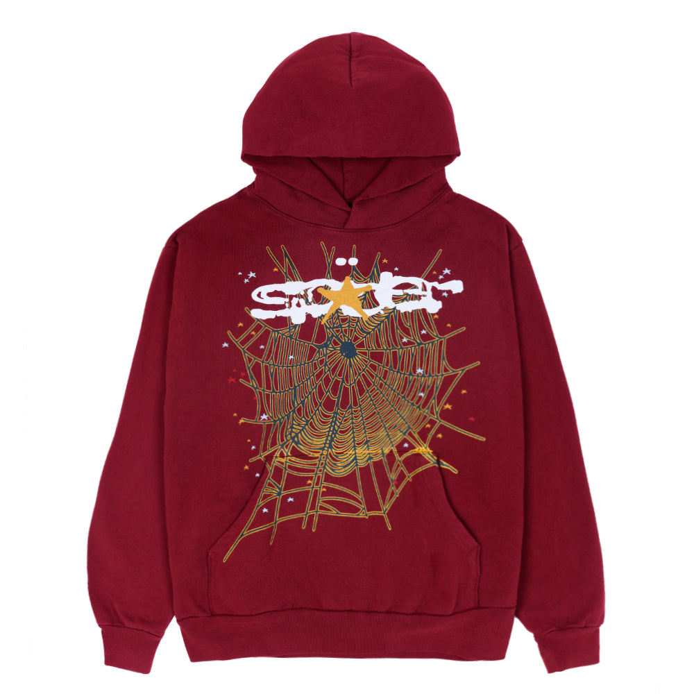 SP5DER HOODIE: Red 23oz fleece hoodie with yellow spider web and "SP5DER" puff print design.