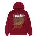 SP5DER HOODIE: Red 23oz fleece hoodie with yellow spider web and "SP5DER" puff print design.