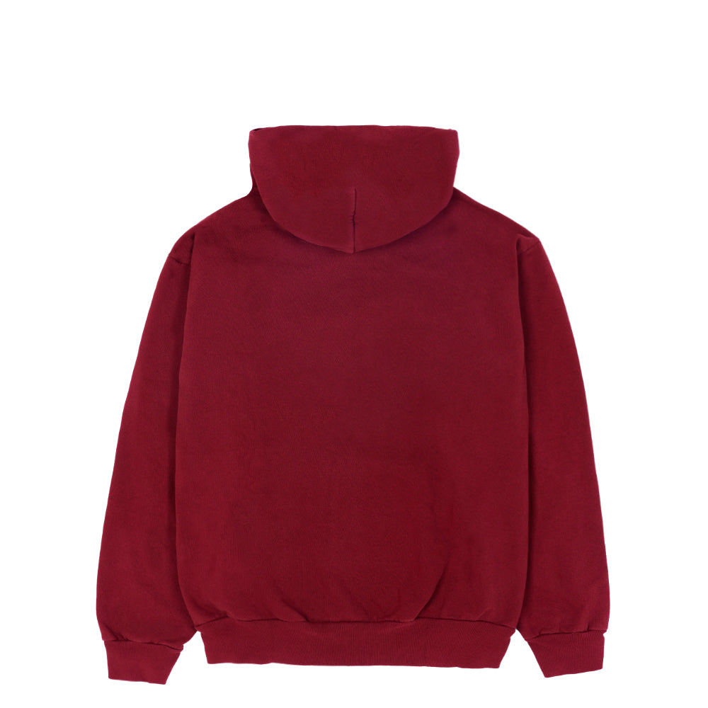 Red SP5DER HOODIE, 23oz fleece, back view, with ribbed cuffs and hem.
