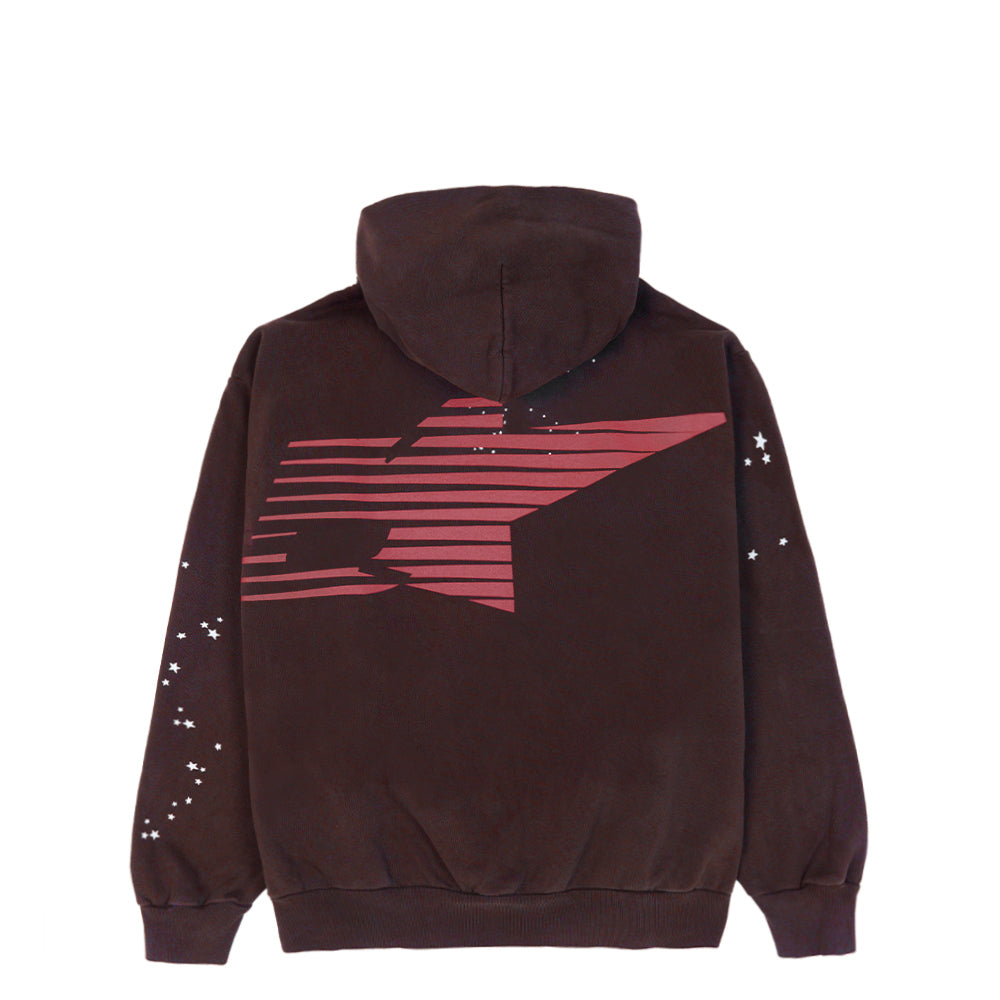 Brown 23oz fleece hoodie with large red graphic on back and white star print on sleeves.