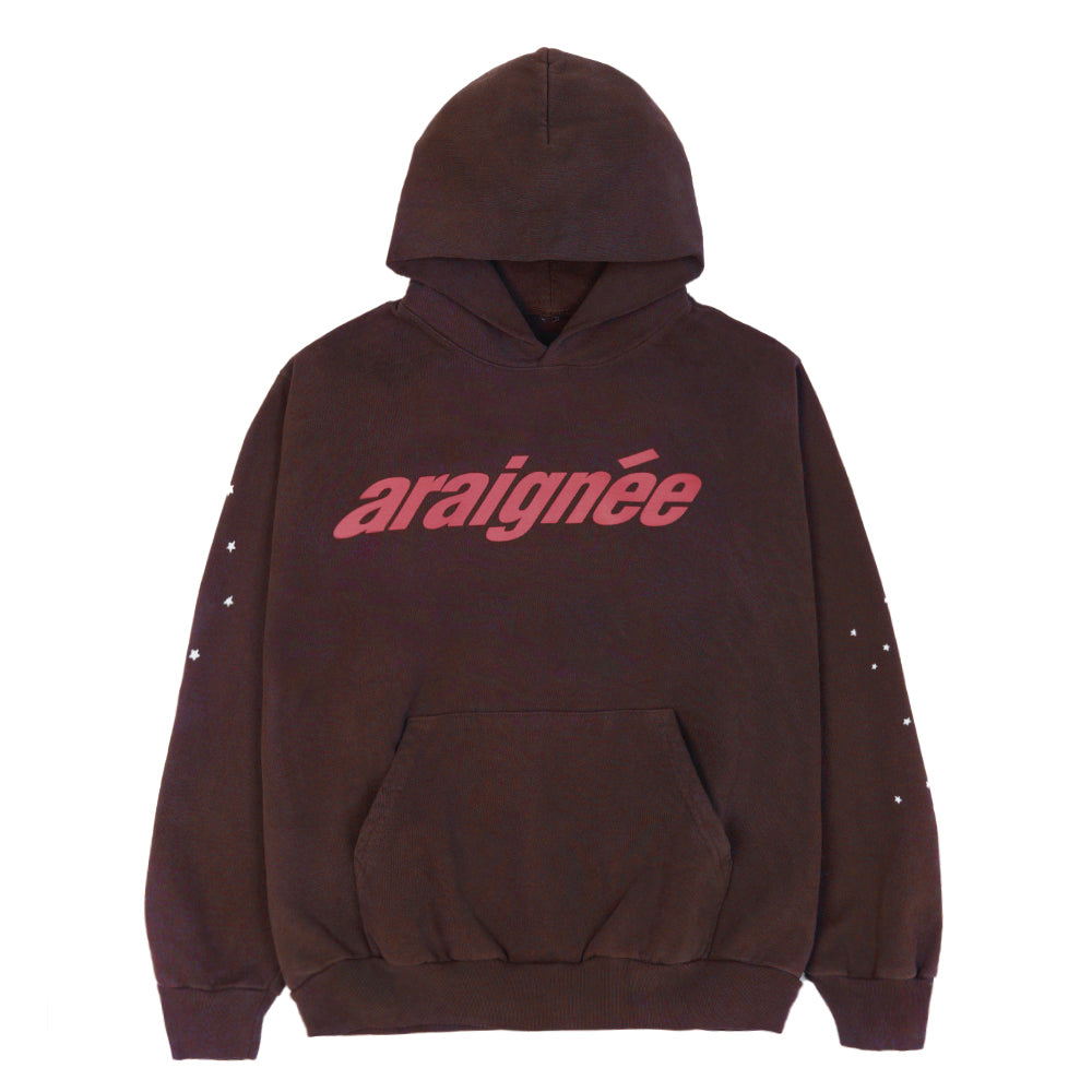 Brown fleece hoodie with red "araignée" puff print on front and white star prints on sleeves.