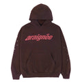 Brown fleece hoodie with red "araignée" puff print on front and white star prints on sleeves.