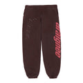 Brown fleece sweatpants with "araignee" in pink down the right leg and a subtle white dot pattern on the left.
