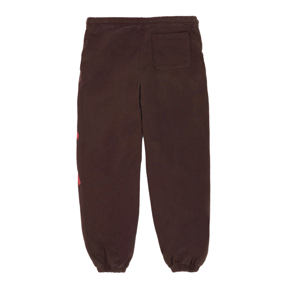 Brown fleece sweatpants with red "Araignee" print down the leg and back pocket.