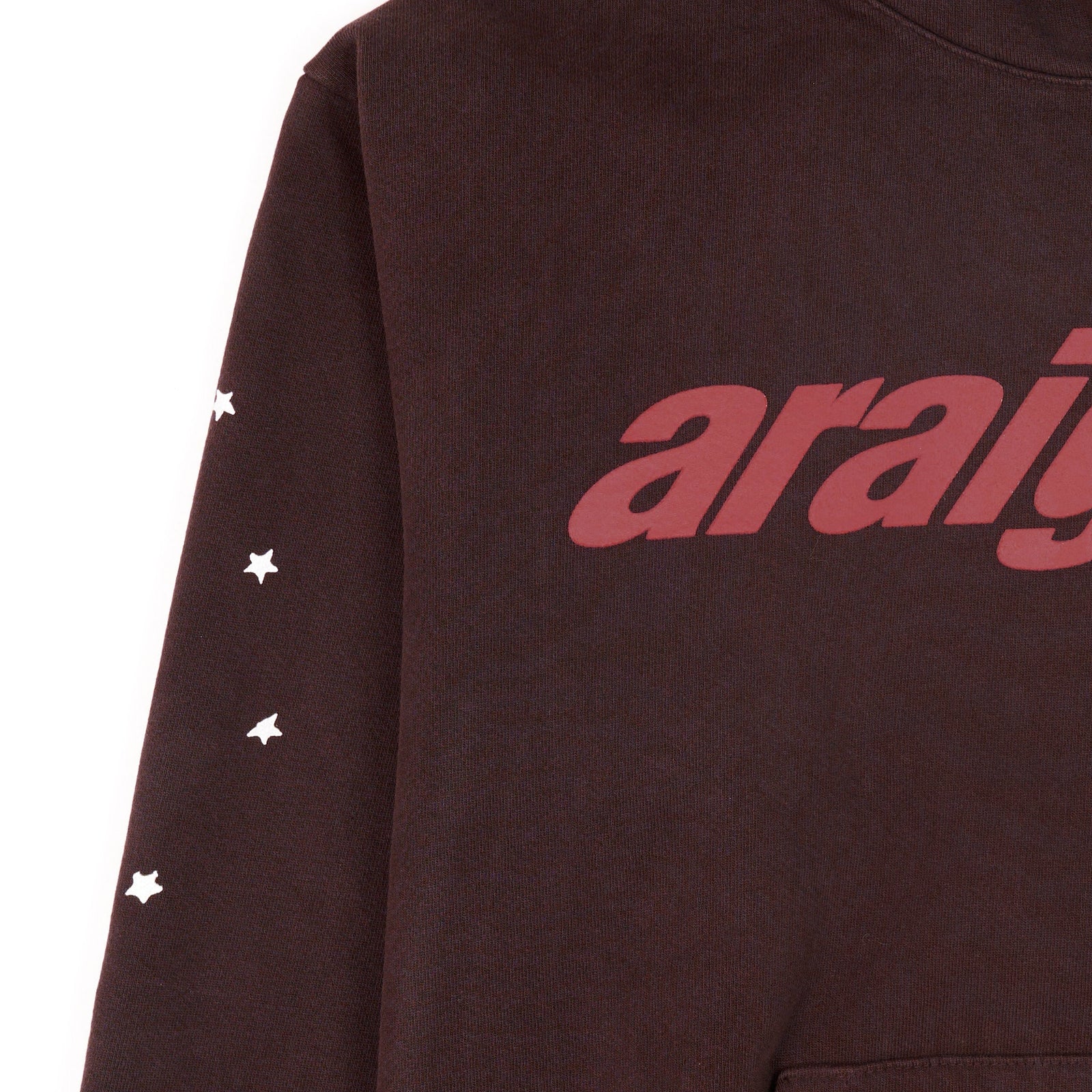 Brown 23oz fleece hoodie with "araignee" puff print and star print on sleeve.