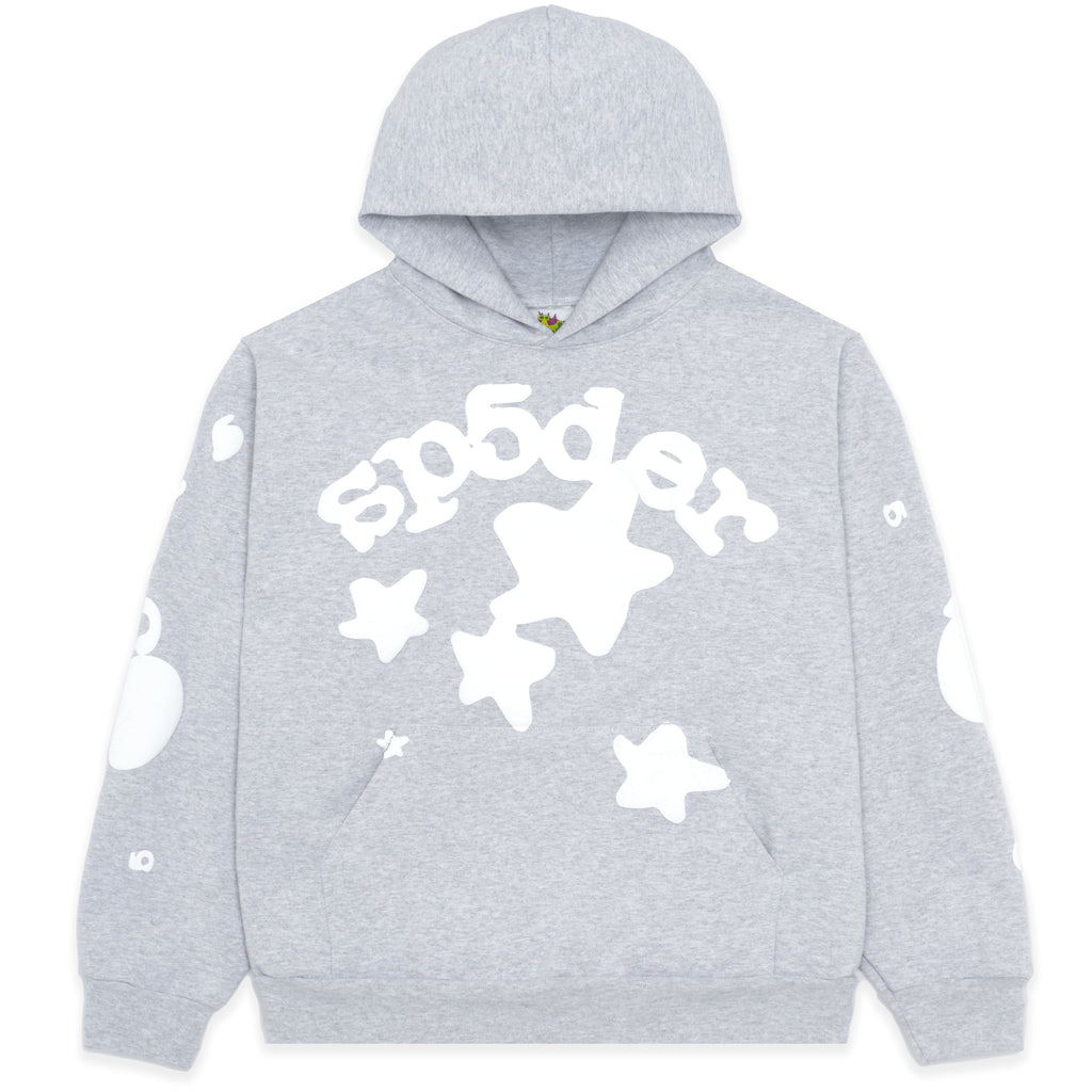 Gray 23oz fleece BELUGA HOODIE with white 'SP5DER' and star puff/discharge print.