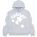 Gray 23oz fleece BELUGA HOODIE with white 'SP5DER' and star puff/discharge print.