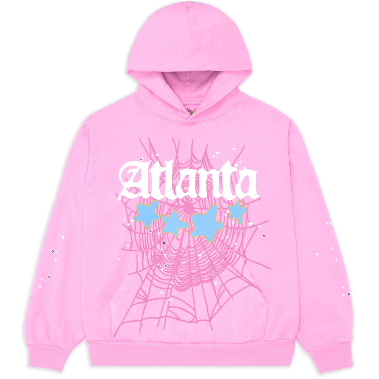 Pink Atlanta Hoodie with white puff print, blue stars, and spiderweb design.