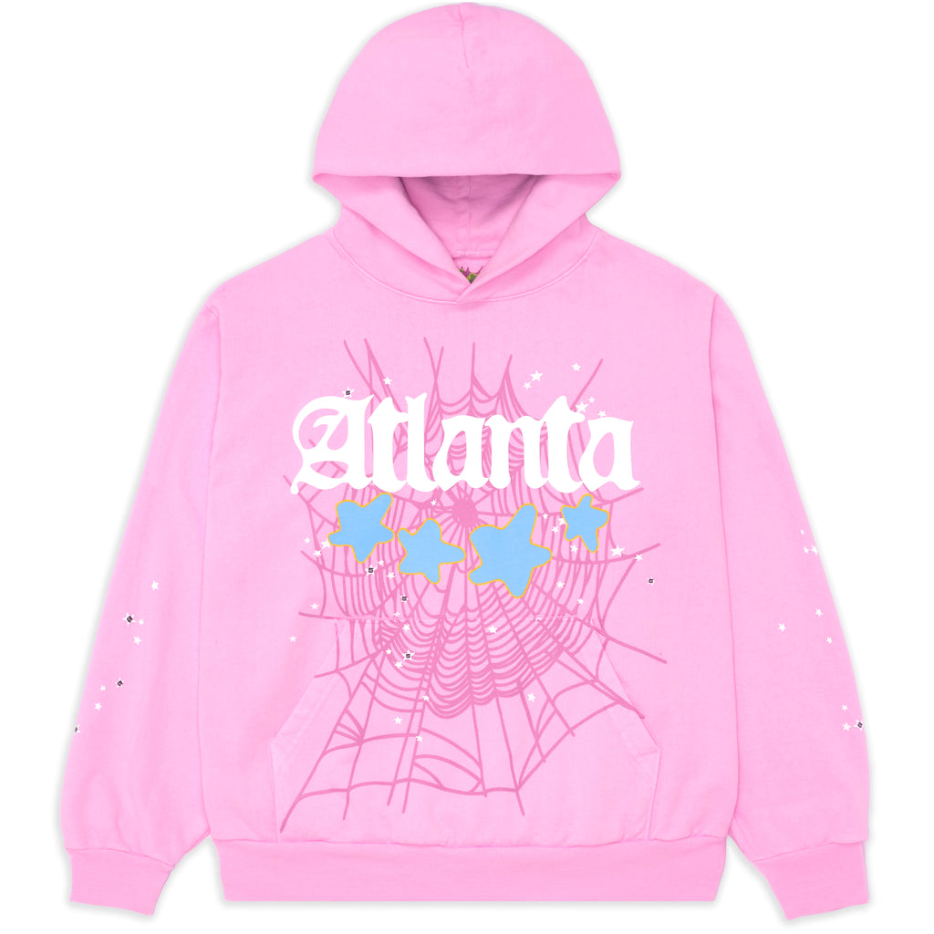Pink Atlanta Hoodie with white puff print, blue stars, and spiderweb design.