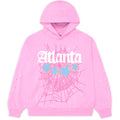 Pink Atlanta Hoodie with white puff print, blue stars, and spiderweb design.
