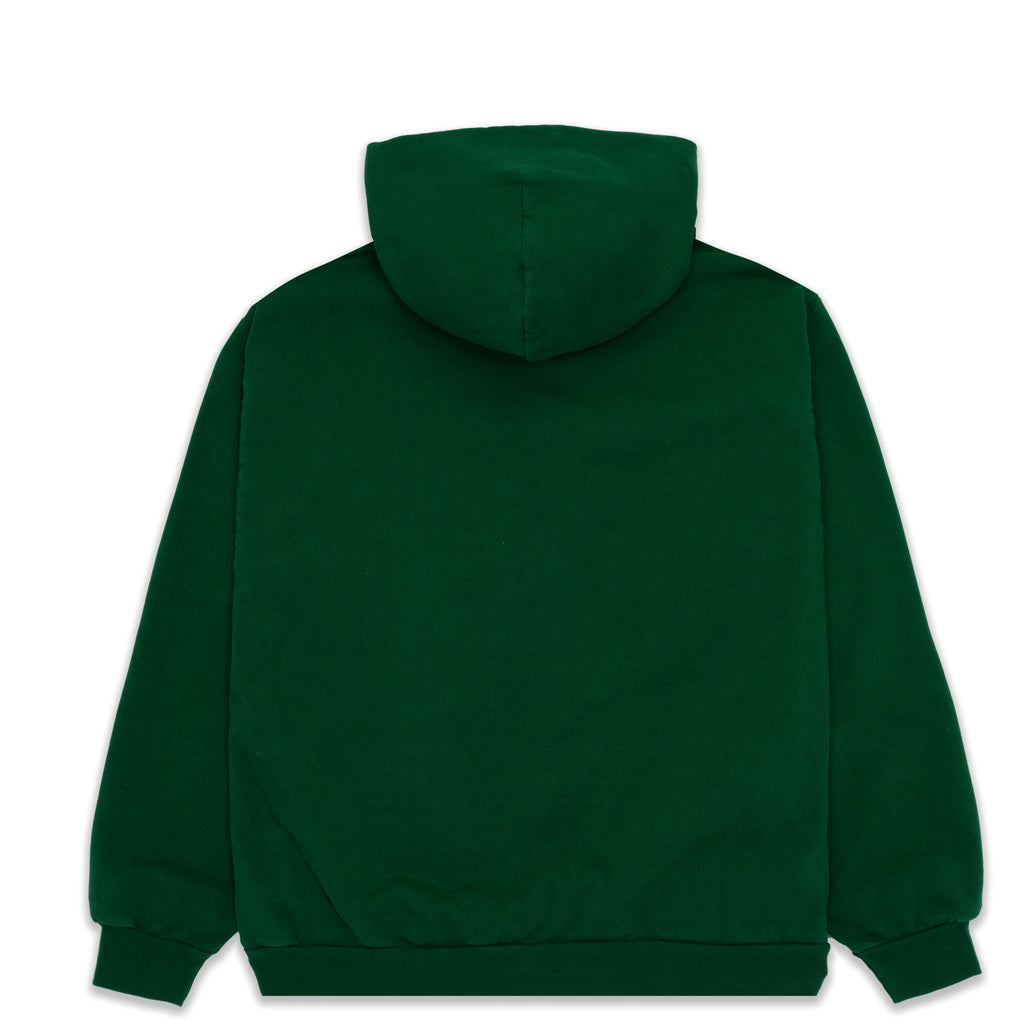 Dark green fleece hoodie, back view, with a hood and ribbed cuffs/hem.