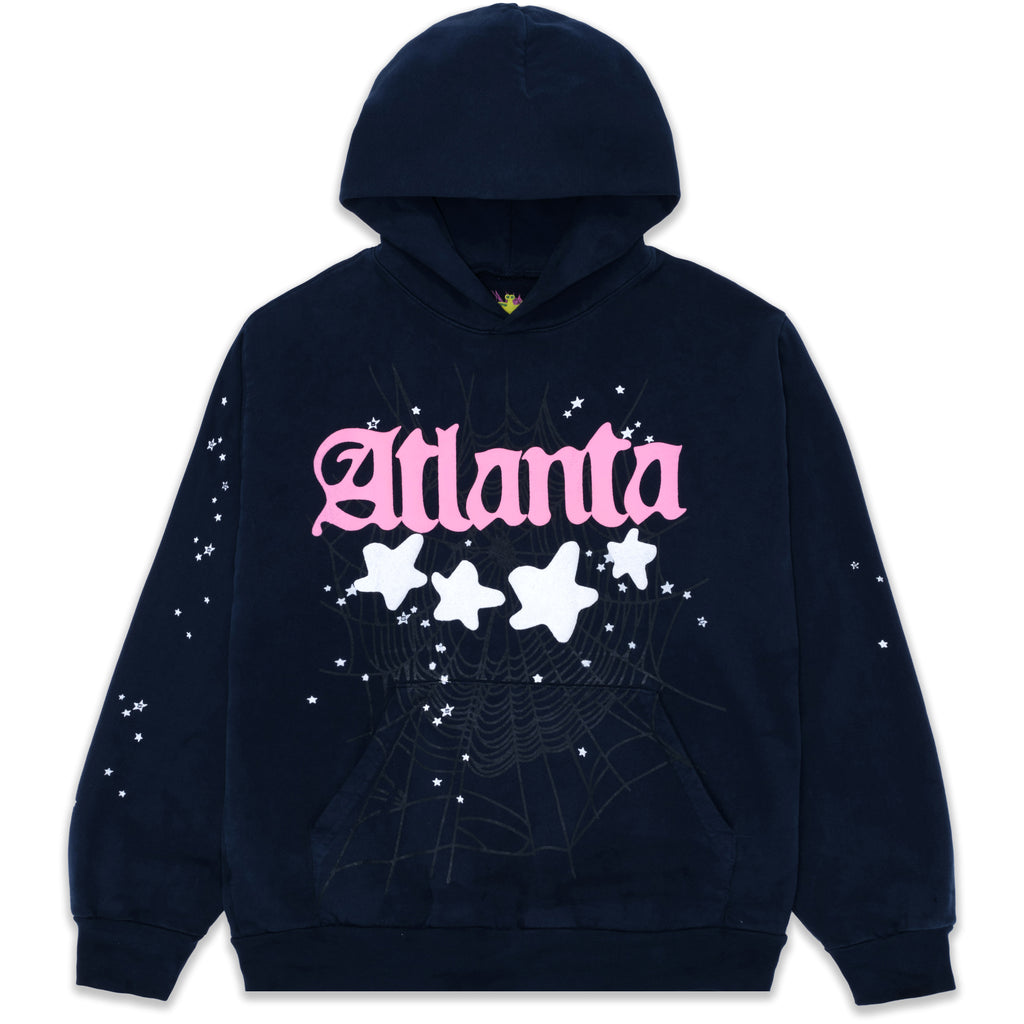 Navy 23oz fleece Atlanta hoodie with pink puff print, white stars, and discharge print spiderweb.