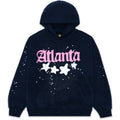 Navy 23oz fleece Atlanta hoodie with pink puff print, white stars, and discharge print spiderweb.