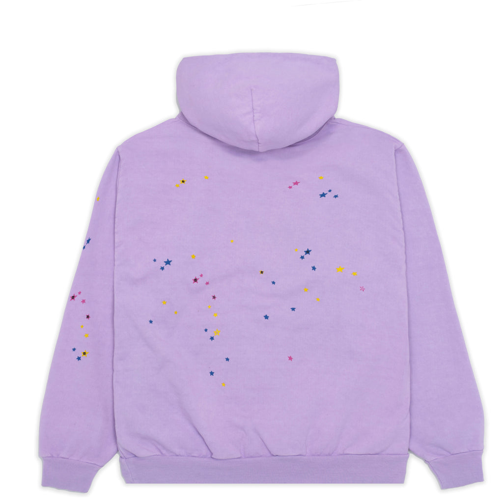AÇAÍ SP5DER HOODIE, light purple 23oz fleece with colorful star prints on back and sleeves.