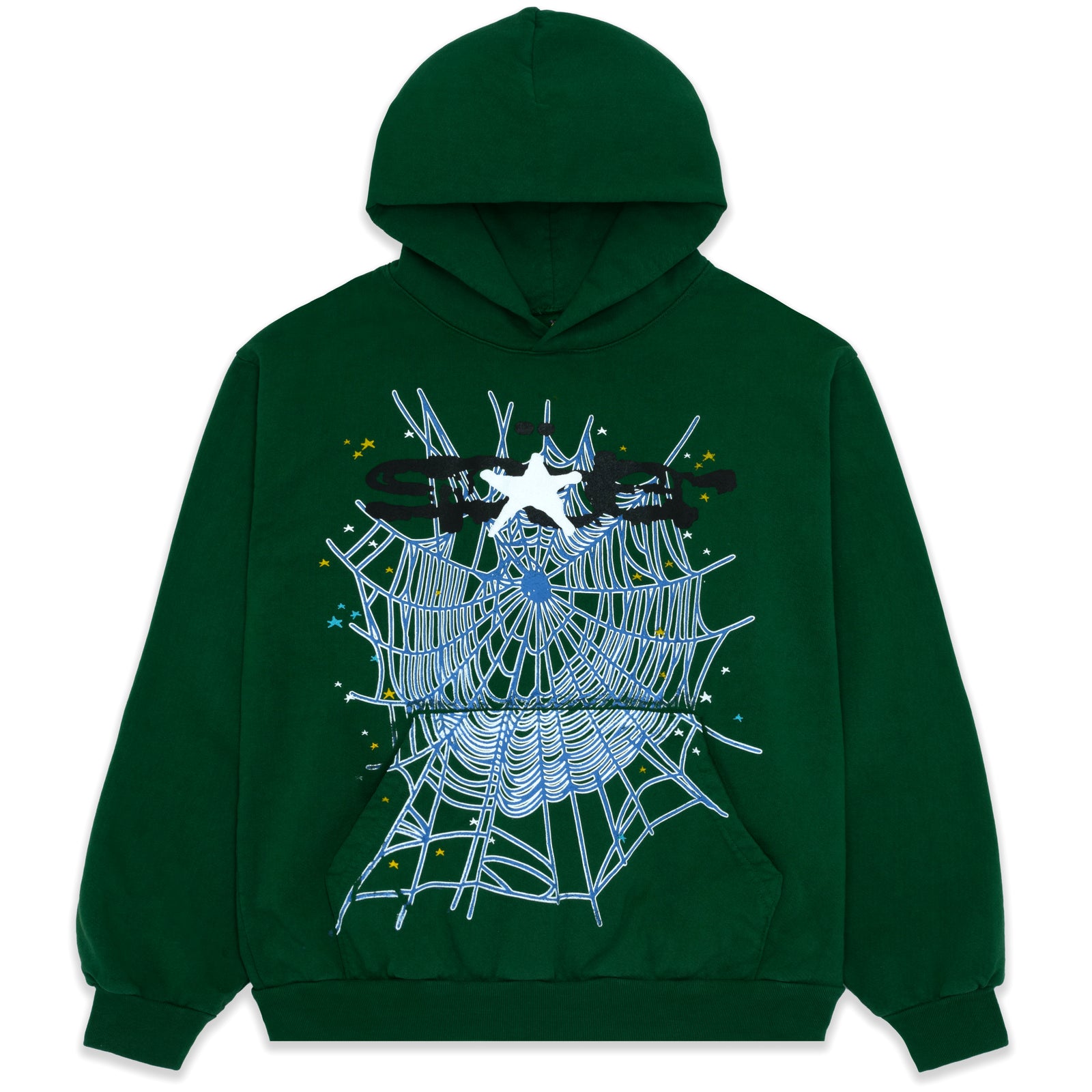 Dark green fleece hoodie with "SP5DER" text and a large white spider web graphic on the front.