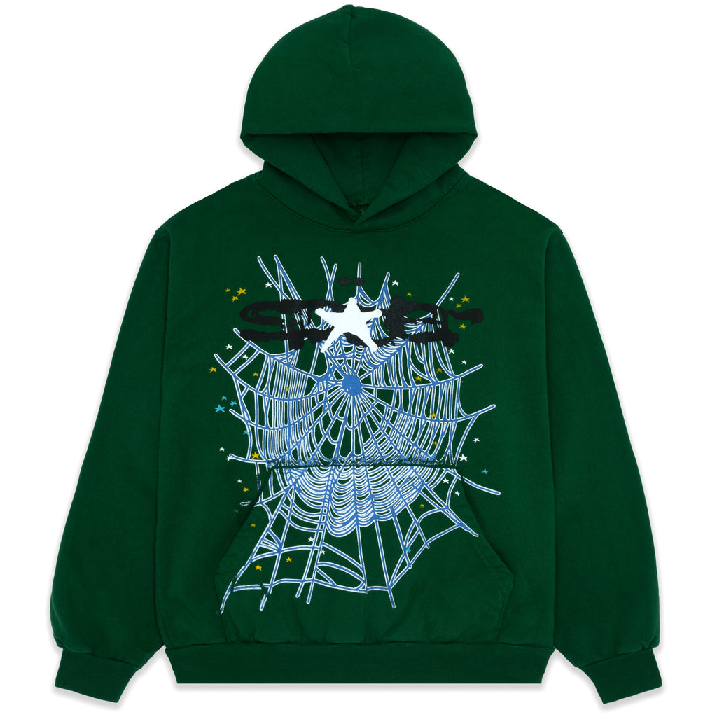 Dark green fleece hoodie with "SP5DER" text and a large white spider web graphic on the front.