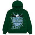 Dark green fleece hoodie with "SP5DER" text and a large white spider web graphic on the front.