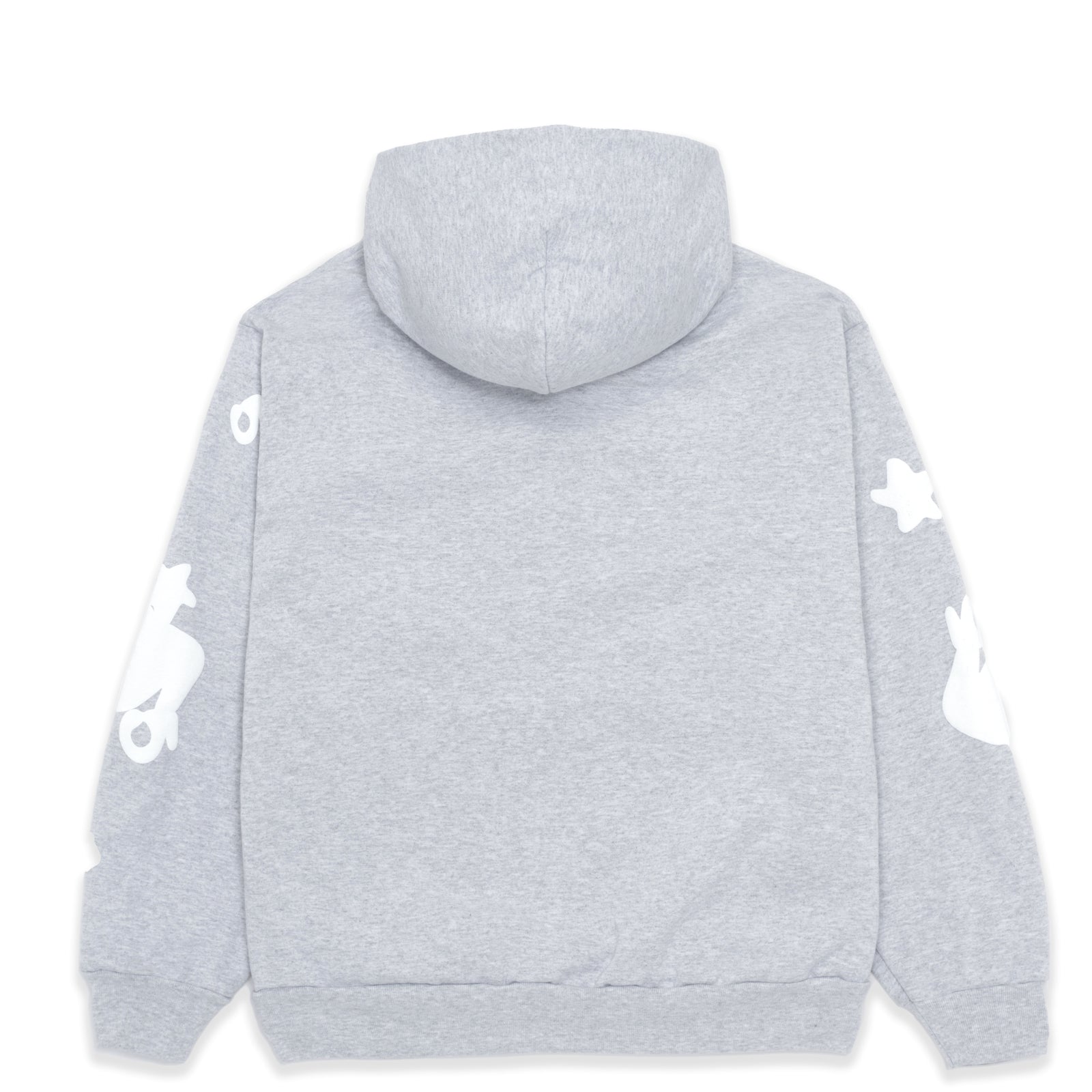 BELUGA HOODIE: Gray 23oz fleece hoodie, back view, with white puff print stars and SP5DER graphics on sleeves.