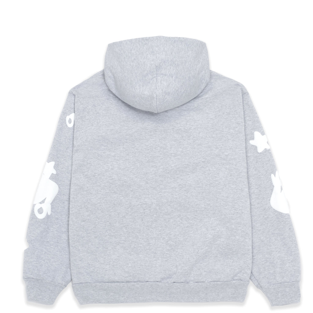 BELUGA HOODIE: Gray 23oz fleece hoodie, back view, with white puff print stars and SP5DER graphics on sleeves.