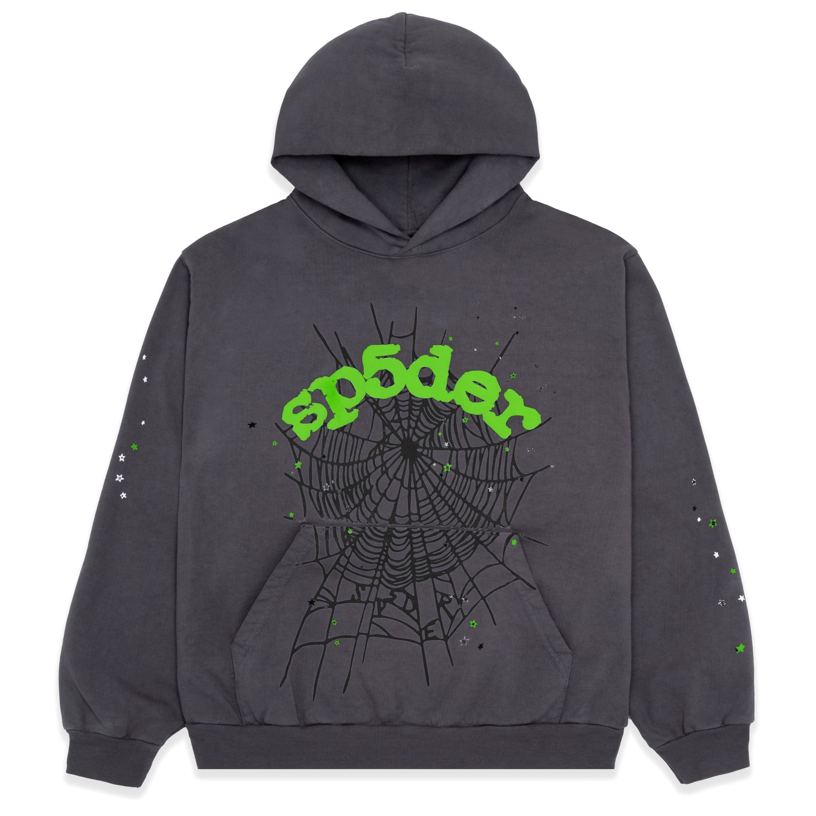 Charcoal grey WAIT WEB HOODIE with green "sp5der" text, spiderweb, and star prints.