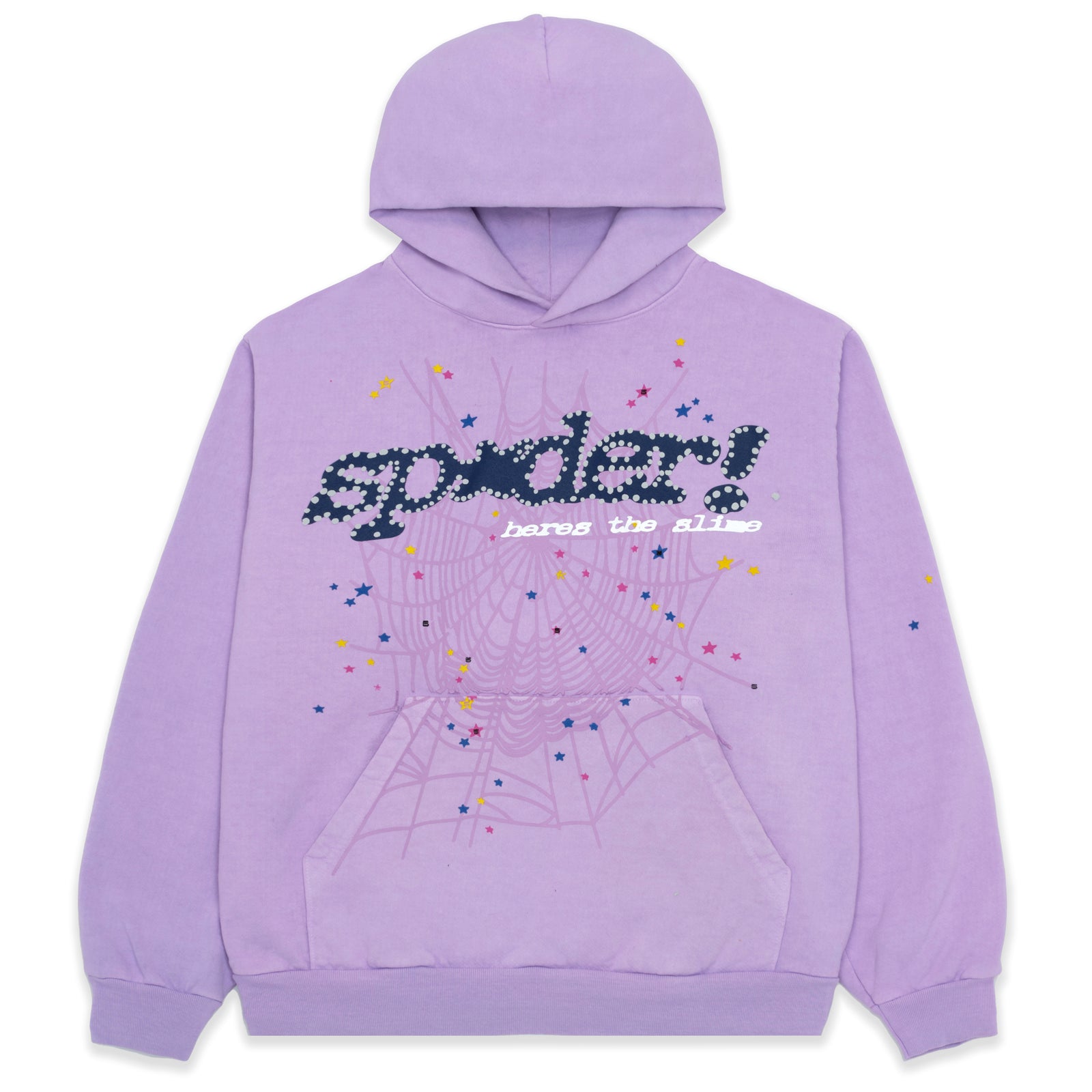 AÇAÍ SP5DER HOODIE: Purple 23oz fleece hoodie with puff print SP5DER motif, web, and star designs.