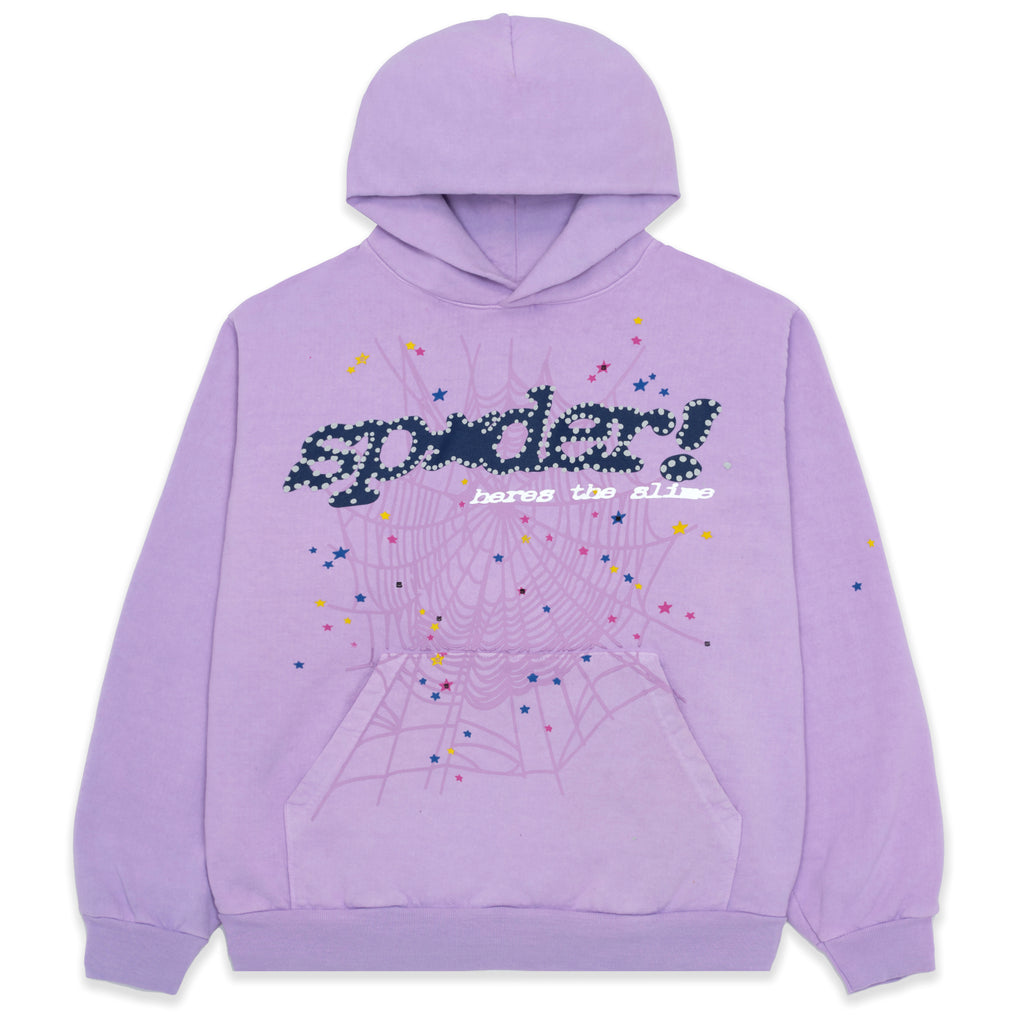 AÇAÍ SP5DER HOODIE: Purple 23oz fleece hoodie with puff print SP5DER motif, web, and star designs.