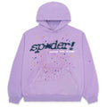 AÇAÍ SP5DER HOODIE: Purple 23oz fleece hoodie with puff print SP5DER motif, web, and star designs.