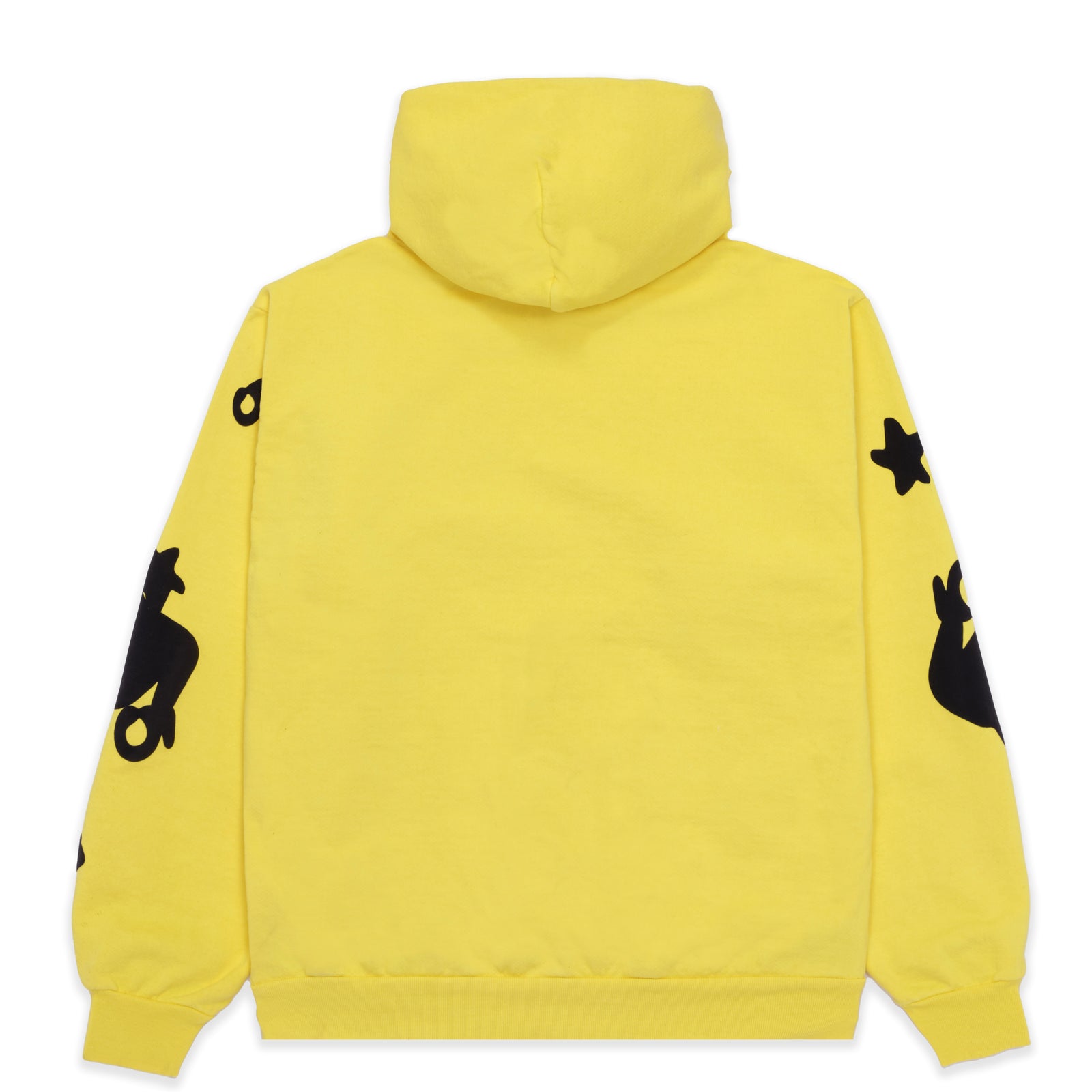 BELUGA HOODIE, yellow 23oz fleece with black SP5DER and star prints on sleeves.