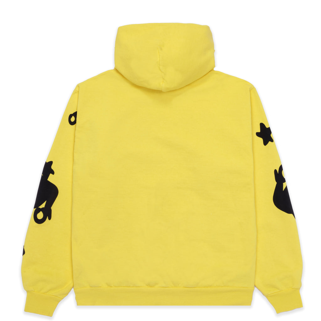 BELUGA HOODIE, yellow 23oz fleece with black SP5DER and star prints on sleeves.