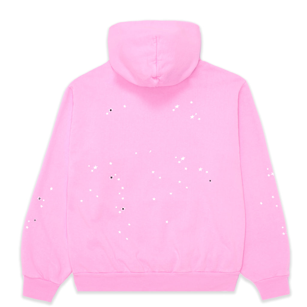 Pink Atlanta Hoodie, 23oz fleece, with white star puff prints on back and sleeves.