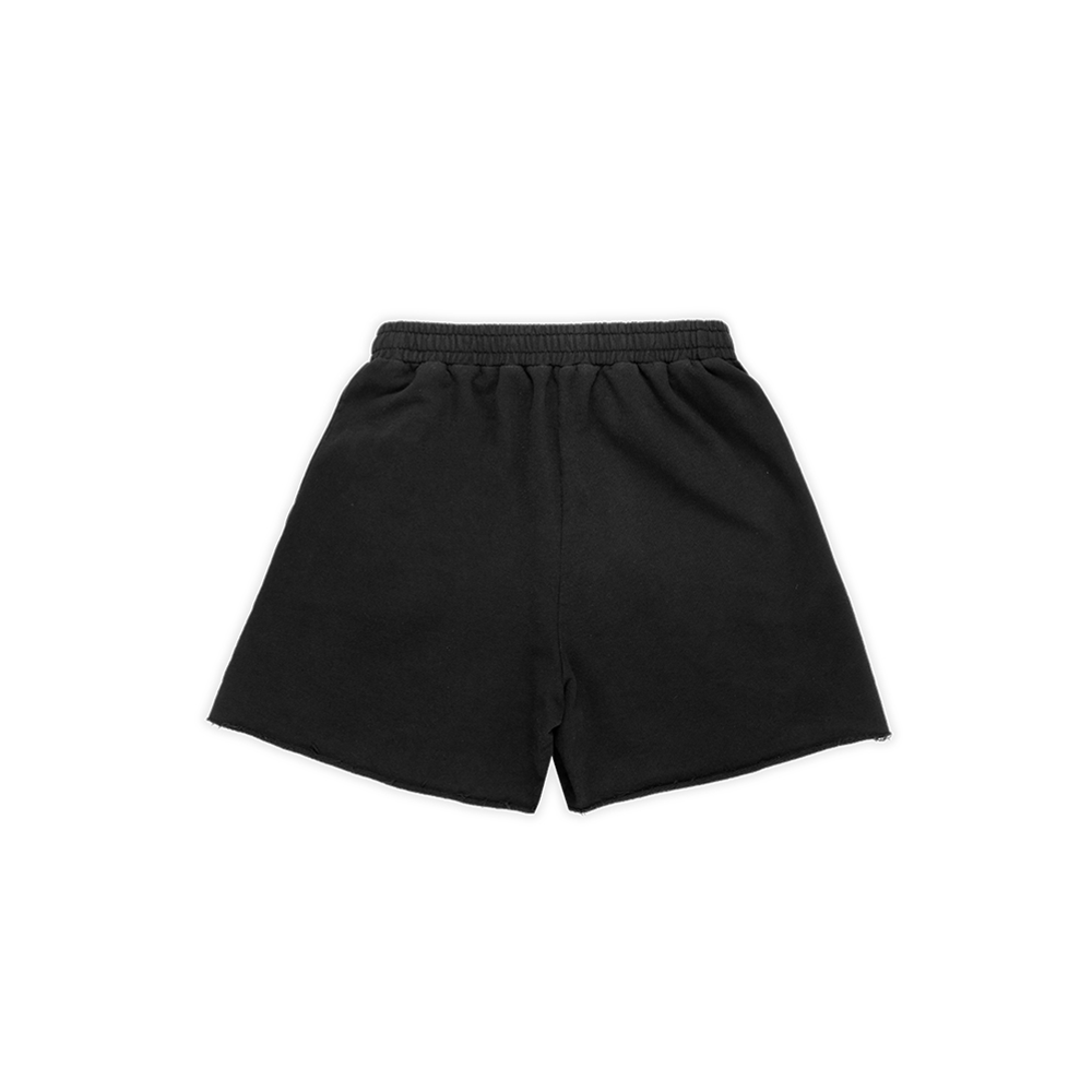 Black French terry CUT SWEATSHORT with elastic waistband and raw hem.