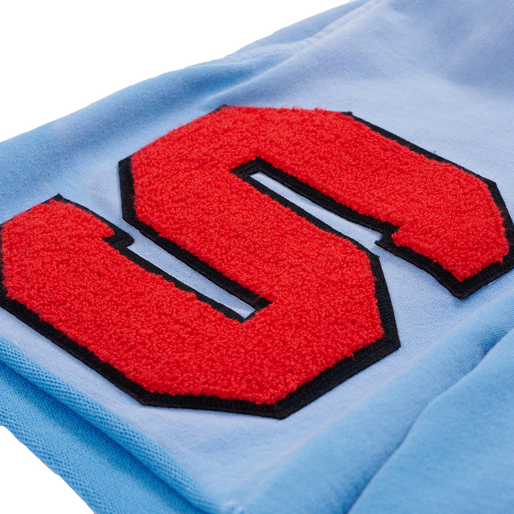 Light blue French terry sweatshort with a large red chenille "S" patch.