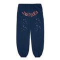 Navy adult sweatpants with "spider" puff print, white star discharge print, and custom racing patch.