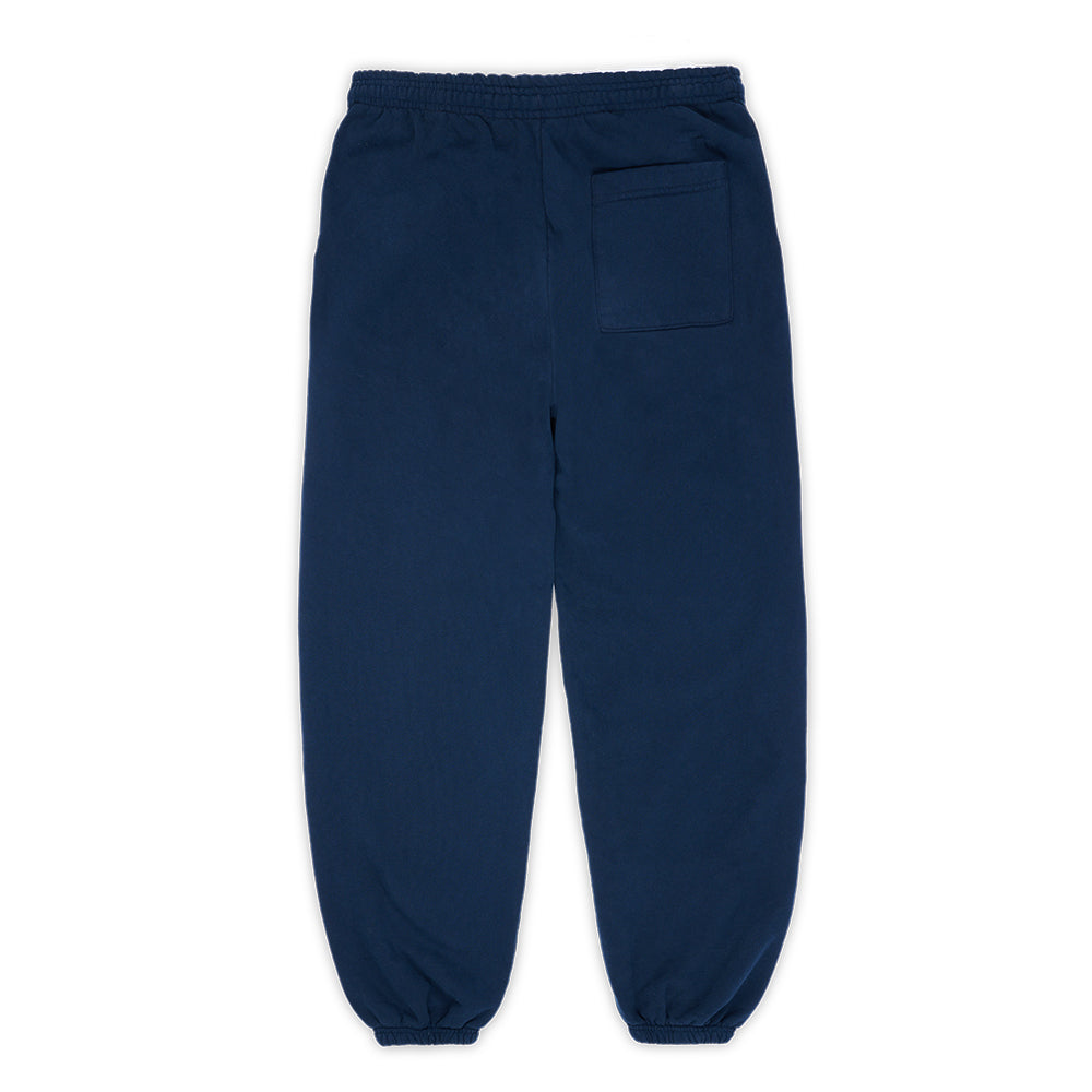 Adult navy blue 23oz fleece sweatpants with elastic waist and single back pocket.