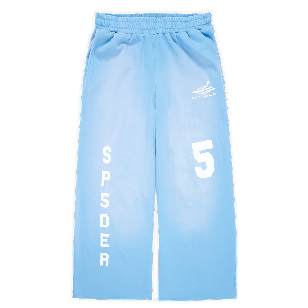 Jumbo light blue French terry sweatpants with SP5DER logo, "SP5DER" down the leg, and large "5" print.