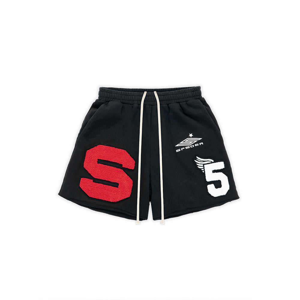 Black French terry CUT SWEATSHORT with red chenille 'S', white '5' patch, SP5DER embroidery, and white drawstrings.