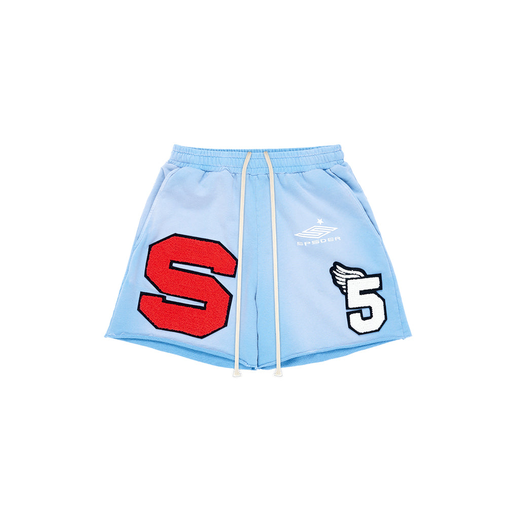 Light blue French terry CUT SWEATSHORT with red "S" and winged "5" chenille patches, SP5DER embroidery.