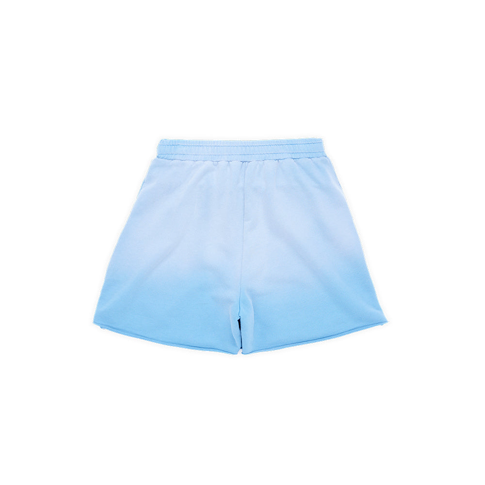 Blue French terry CUT SWEATSHORT with custom sun fade wash and raw hem.