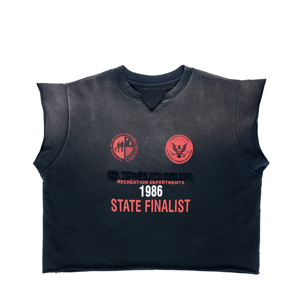 Black custom sun fade cut sweatshirt with red "STATE FINALIST" text and SP5DER applique.