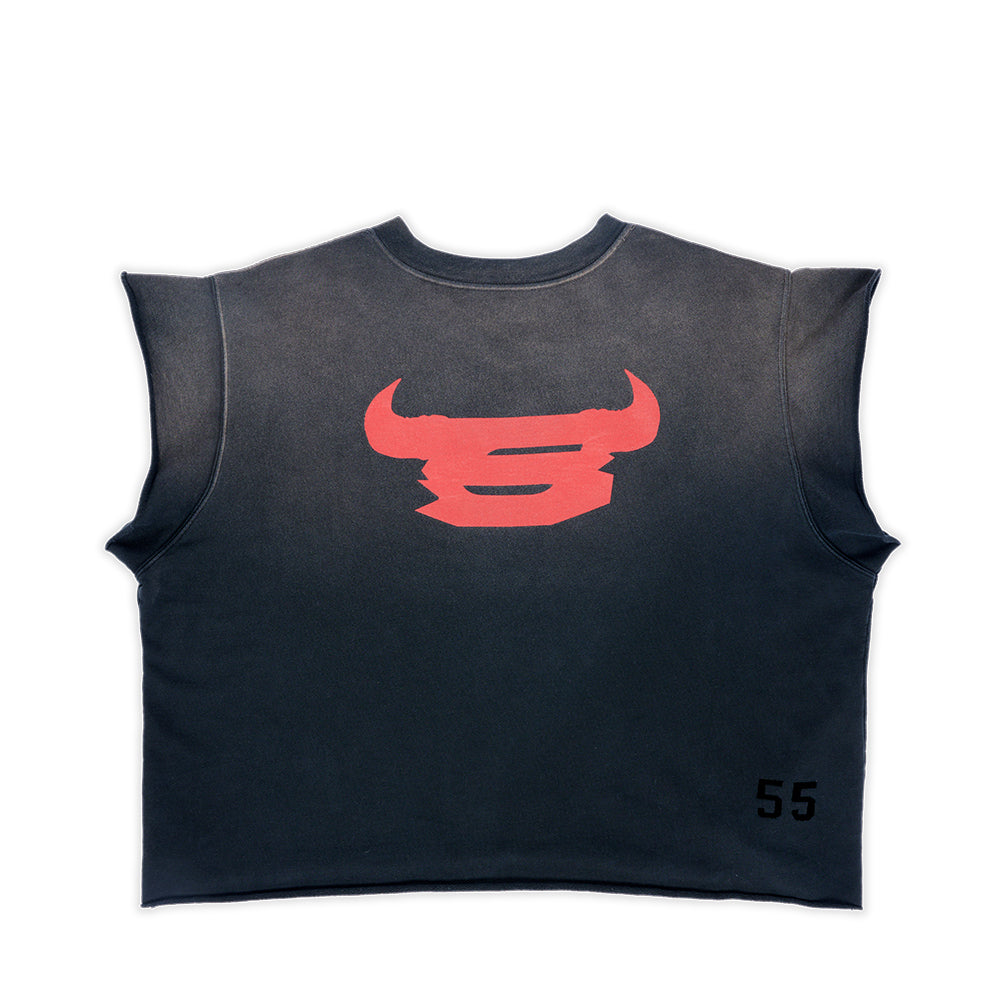 Dark grey French terry cut sweatshirt with a red bull graphic and "55" flock applique.