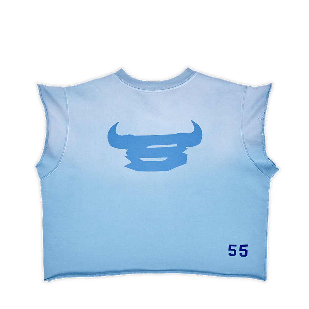 Light blue French terry cut sweatshirt with a blue bull graphic and "55" flock applique.
