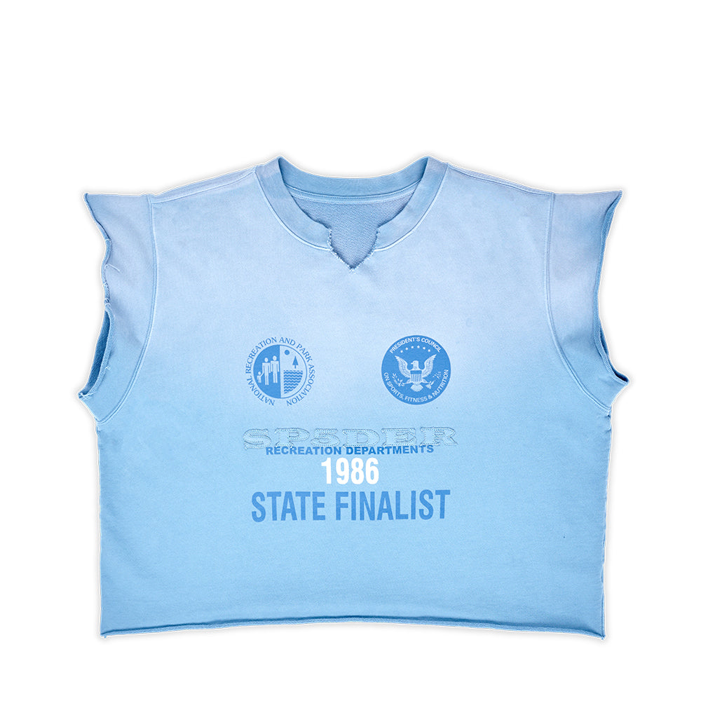 Light blue SP5DER cut sweatshirt with sun fade wash, raw edge v-neck, and "STATE FINALIST" graphic.