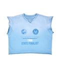 Light blue SP5DER cut sweatshirt with sun fade wash, raw edge v-neck, and "STATE FINALIST" graphic.