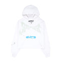 White cropped fleece hoodie with green "SPIDER" puff print, blue graphic, and star details.