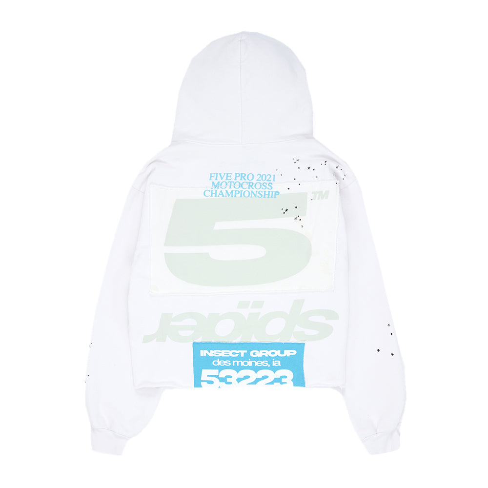 White cropped fleece hoodie with "FIVE PRO 2021 MOTOCROSS CHAMPIONSHIP" text, large "5", "rapids", and "INSECT GROUP" prints, plus a racing patch.