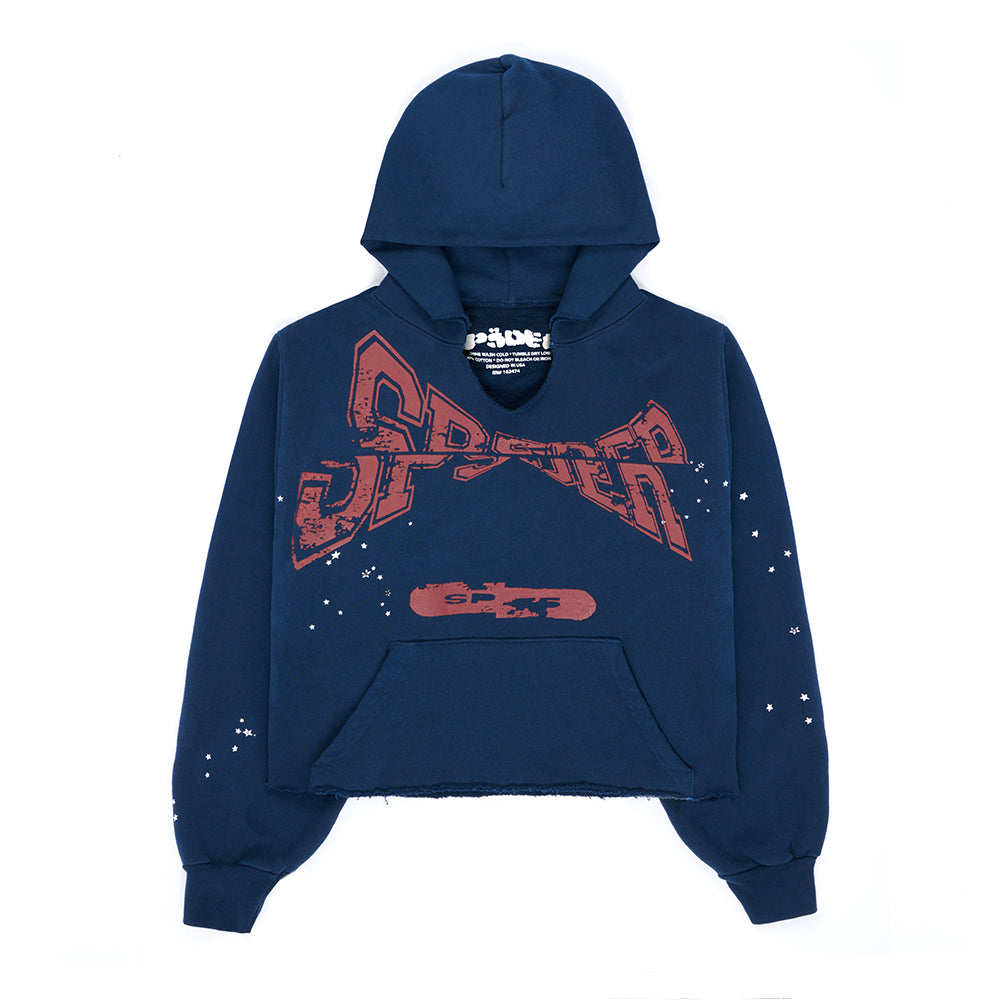 Navy blue cropped fleece hoodie with red "SPIDER" puff print, white star accents, and a custom racing patch.