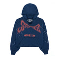 Navy blue cropped fleece hoodie with red "SPIDER" puff print, white star accents, and a custom racing patch.