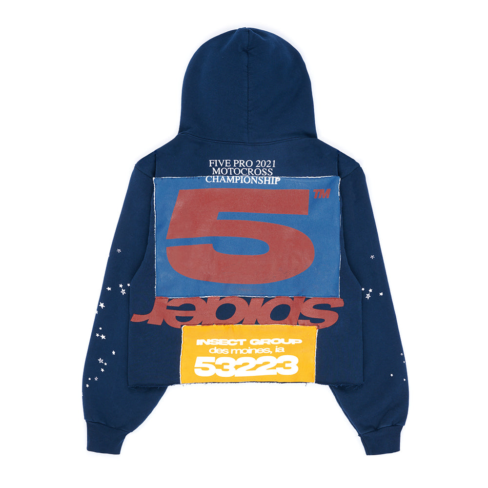 Navy blue cropped hoodie with large red "5" graphic, "spider" text, and yellow "INSECT GROUP" patch.